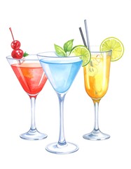 Hand drawn illustration of watercolor cocktails set.art, illustration, design, vacation, creativity, cut out, ethereal, horizontal, image, invitation, journey, liquid, material, no people, outline, 