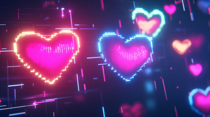 Animated pixel neon hearts with flickering glow and retro video game style, colorful and energetic.