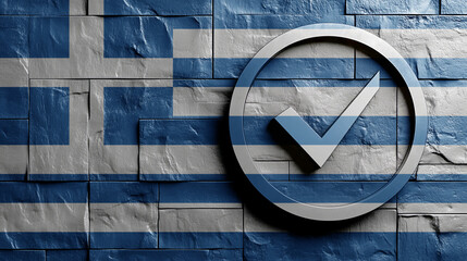 checkmark symbol overlaid on the Greek flag, suggesting approval or agreement related to Greece. The background is a textured stone wall, adding a rustic feel.