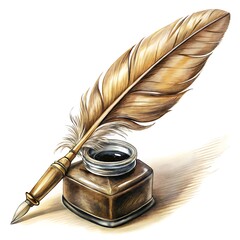 A quill pen rests in an inkwell isolated on white background