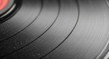 A close-up of a vinyl record on a turntable, with the needle resting on the record's grooves. The background is dark, highlighting the record's details and the turntable's components.