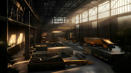 Obraz premium Sunlit Empty Industrial Warehouse Interior