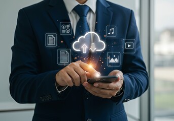 Businessman using mobile phone with cloud computing technology for data synchronization, cloud computing, cloud storage, data transfer, mobile technology, smartphone, digital transformation, network, 