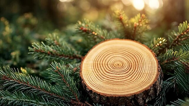 A tree cross-section rests on lush evergreen branches, showcasing its rings and texture