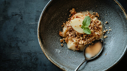 Apple crumble served in a small ceramic bowl with a spoon.