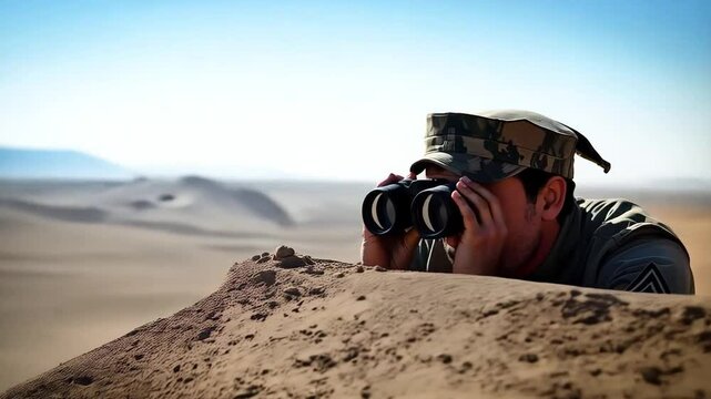 Soldier man looking through binoculars in a desert environment, wearing a camouflage uniform and cap