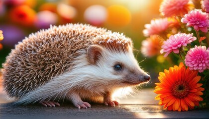 Adorable Hedgehog Amidst Blossoming Flowers in a Vibrant Garden, Radiating Serene Charm and Whimsical Atmosphere.