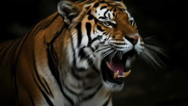 Ferocious tiger roaring portrait with snarling teeth in the dark