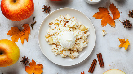 Apple crumble served with a scoop of vanilla ice cream on a white plate.