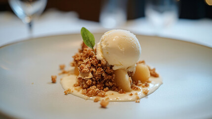 Apple crumble served with a scoop of vanilla ice cream on a white plate.