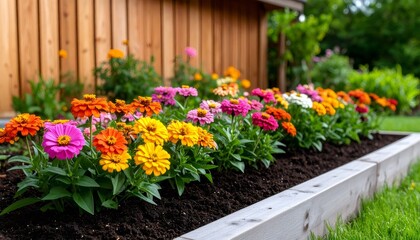 Vibrant zinnias in various colors blooming in a raised garden bed, adding a touch of beauty to the outdoor space