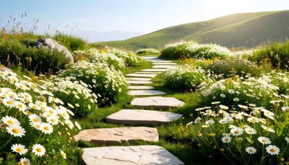Obraz premium Stone path winding through blooming daisy field, revealing sunlit rolling hills in peaceful summer countryside setting