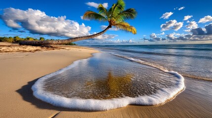 Tropical beach with a leaning palm tree, clear blue sky, and gentle waves on golden sand