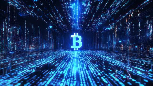 Digital cityscape with glowing Bitcoin symbol - Powered by Adobe