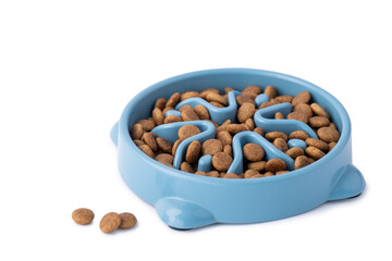Cat and dog blue slow Feeding Bowl isolated on white background