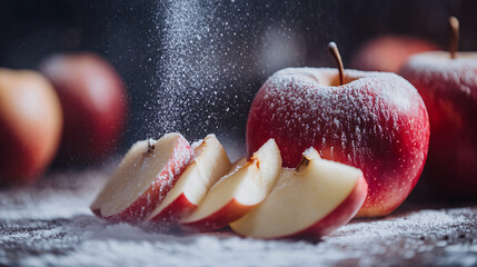 Apple crumble with fresh apple slices and a dusting of powdered sugar.
