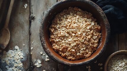 Apple crumble with oat flakes and brown sugar served in a rustic dish.