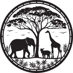 Wild elephant and tree silhouette at sunset in an African forest