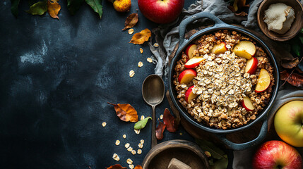 Apple crumble with oat flakes and brown sugar served in a rustic dish.