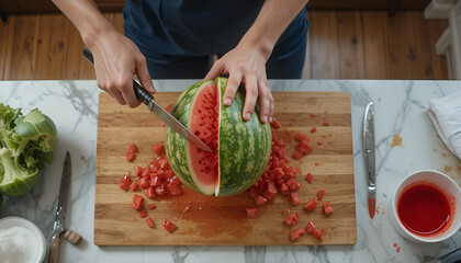 Cutting Fresh Watermelon in Kitchen with Knife
