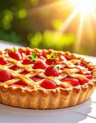 Sunlit strawberry tart with fresh strawberries and lattice crust on patio table