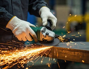 Male worker using angle grinder for metalwork with safety gear and sparks flying