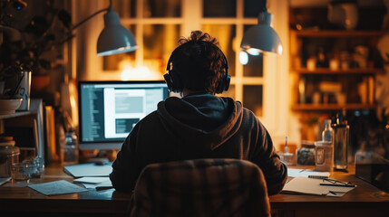 a person attending a virtual meeting from a kitchen table, with headphones on and notes spread out