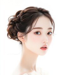 Fototapeta premium Beautiful Korean woman with flawless skin and glowing texture, elegant updo hairstyle, natural makeup, and sparkling eyes in a minimal white background studio portrait