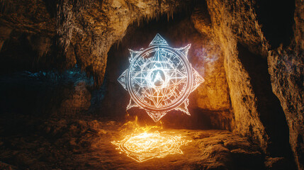Arcane symbols illuminating a hidden demon in a cave filled with magical light.