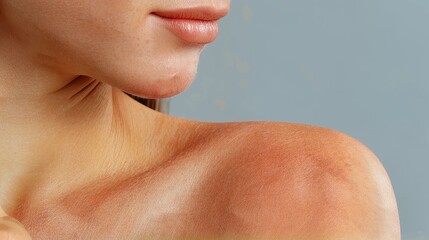 Woman's shoulder with severe sunburn and peeling skin - painful sun exposure