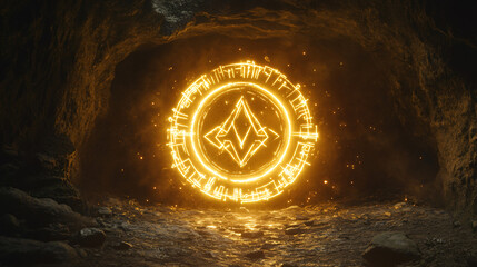 Arcane symbols illuminating a hidden demon in a cave filled with magical light.