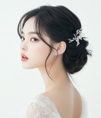 Portrait of a beautiful Korean woman with an elegant updo, flawless skin, sparkling eyes, and soft makeup, captured in a clean studio setting with pure white background