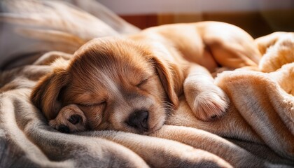 High Angle View of a Cute Puppy Napping on a Cozy Blanket at Home A Warm and Snuggly Scene Radiating Contentment and Serenity.
