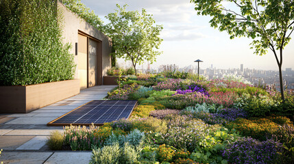 Architectural detail of a rooftop garden with solar-powered lighting and native plant species.