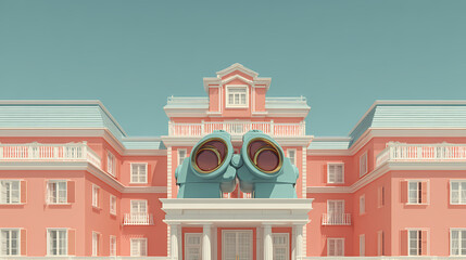 design for retro postcard series | lost innocence | structured calm | sky blue and coral | centered tableau | binoculars | pastel color overlay | flat lighting | fictitious European hotel | color