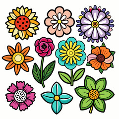 10 More sticker Cute Flower  design and bold line black , white background ,full  color