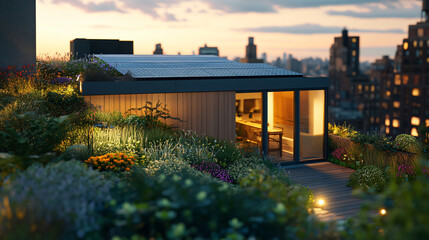 Architectural detail of a rooftop garden with solar-powered lighting and native plant species.