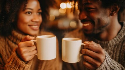 Candid Moments of Togetherness: An intimate portrait captures a smiling couple savoring the comfort of shared mugs, basking in warmth, connection, and happiness. - Powered by Adobe