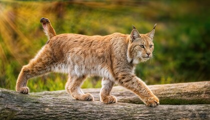 Fototapeta premium Striking Highland Lynx strolling gracefully along a wooden log amidst the misty Scottish Highlands at dawn, showcasing its regal beauty and captivating the essence of wild mystery.