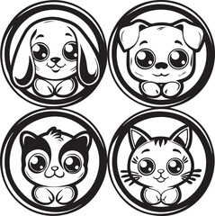 Funny cartoon animal faces vector illustration set with cute pet, safari, and zoo animal heads