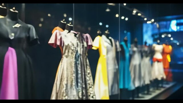 Colorful vintage fashion dresses on mannequins in boutique window display, vibrant retro style.