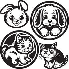 Funny cartoon vector animal heads collection with cute cat, dog, tiger, and fox illustrations