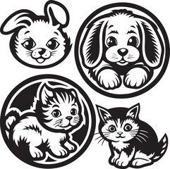 Funny cartoon vector animal heads set, including cat, dog, tiger, bear, and fox illustrations