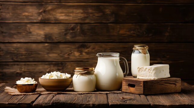 Fresh dairy products neatly arranged on a wooden table/marble surface, showcasing natural and wholesome goodness. Emphasizing Child Nutrition, Healthy Growth, and Bone Health for Pediatric Health