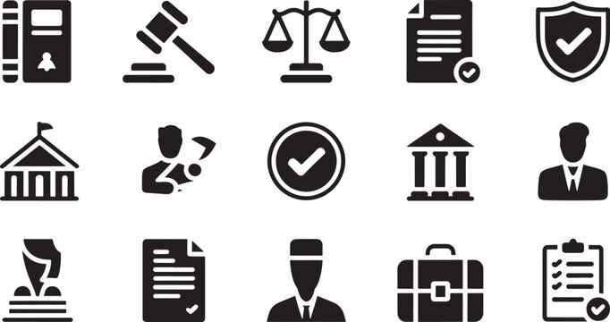 Solid Style Law and Justice Icons Set on Background for Legal Services and Court System Representation