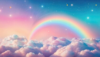 Vibrant Holographic Fantasy Skyscape Pastel Rainbow Swirls, Cloudy Dreamscapes, and Starry Nights Coalesce in a Magical Panorama of Cosmic Wonders.
