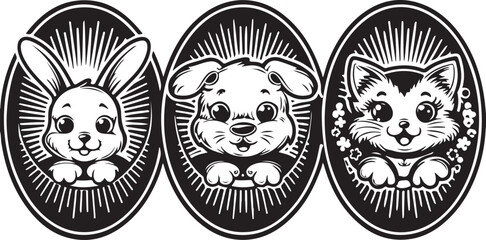 Abstract black and white vector art with a funny cartoon lion and skull design, perfect as a symbol or icon