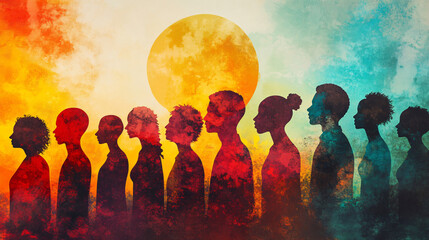 Artistic scene depicting unity among diverse social groups.