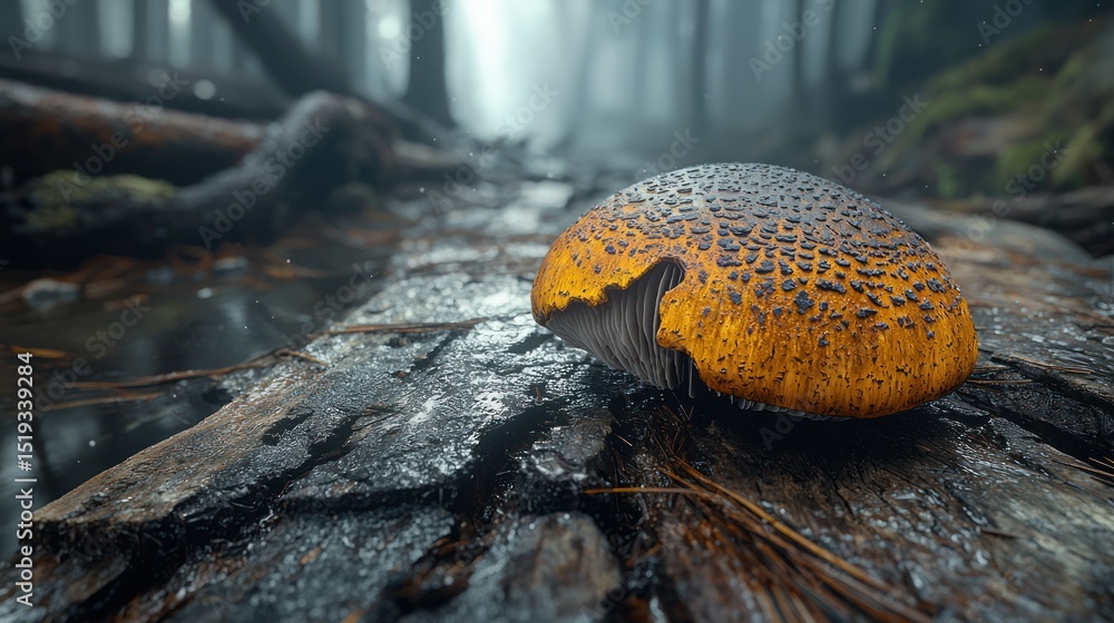 Aufkleber mushroom on log in forest; fog backdrop