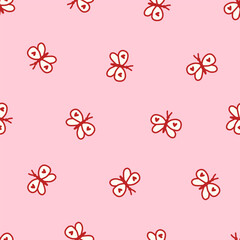 Seamless coquette pattern with cute red butterflies and heart-shaped wings on a soft pink background. Perfect for girly designs, fabric, wallpapers, Valentines, and digital decor.